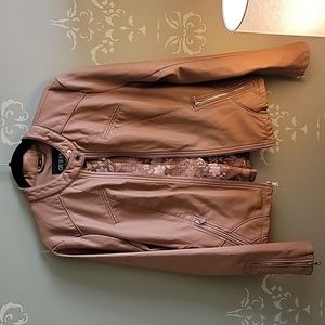 Never worn. Guess Faux leather racer jacket in Honey.